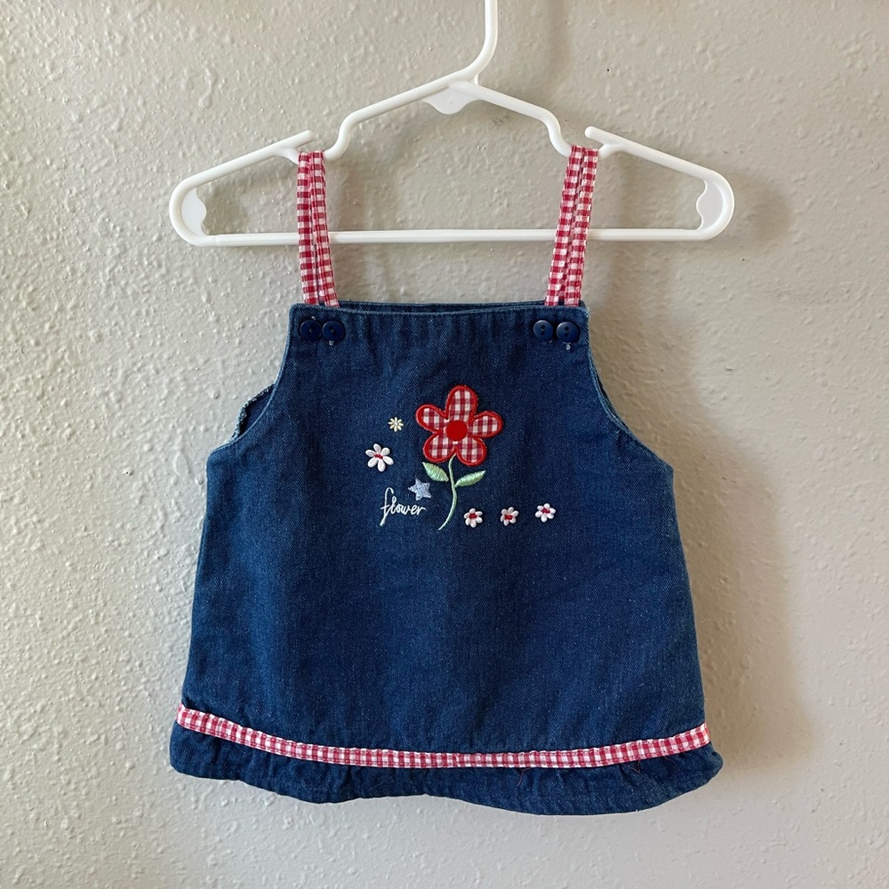 Vintage Denim Toddler Dress with Floral And Gingham Detailing